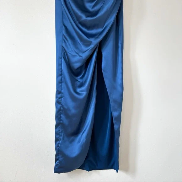 Mac Duggal Silky Pleated Maxi Dress Puff Sleeve Draped Slit Wedding Guest - Picture 5 of 12